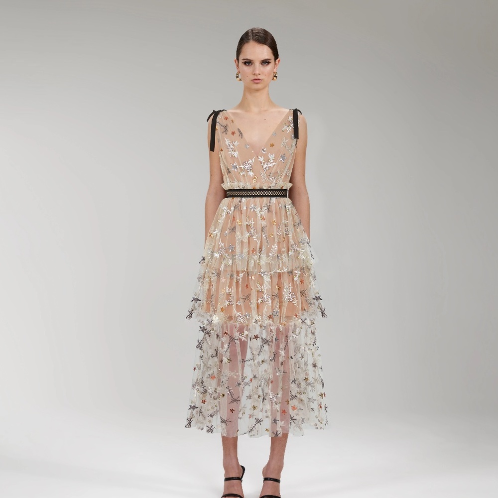 Self Portrait Star Mesh Midi Dress US Size 0 UK Size 4